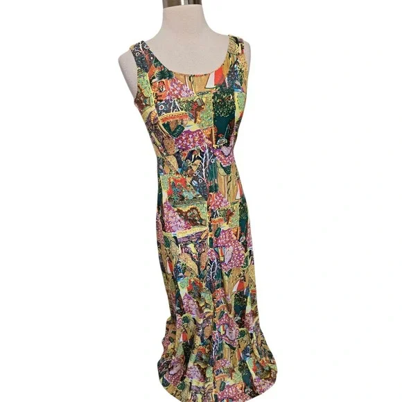 70s Vintage Long Dress Indian Gods Patchwork Print And Matching Shirt Hippie - Picture 12 of 13